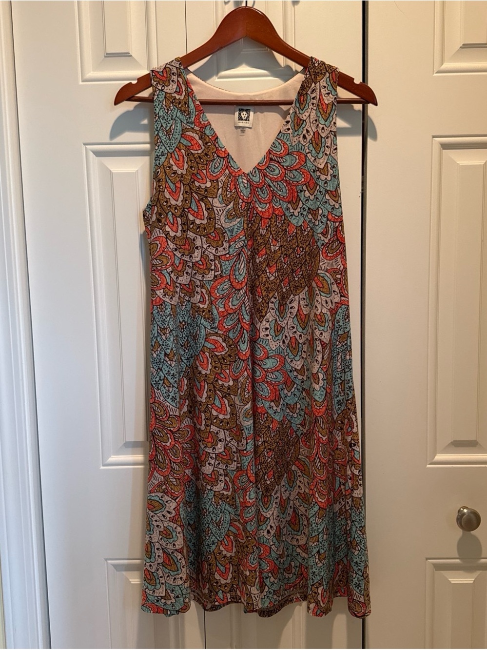 Anne Klein Teal Coral Brown Paisley V-Neck Sleeveless Dress
